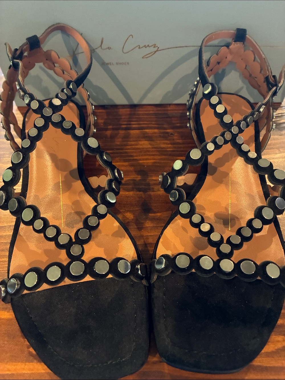 Lola Cruz Black Studded Suede Strappy Sandals